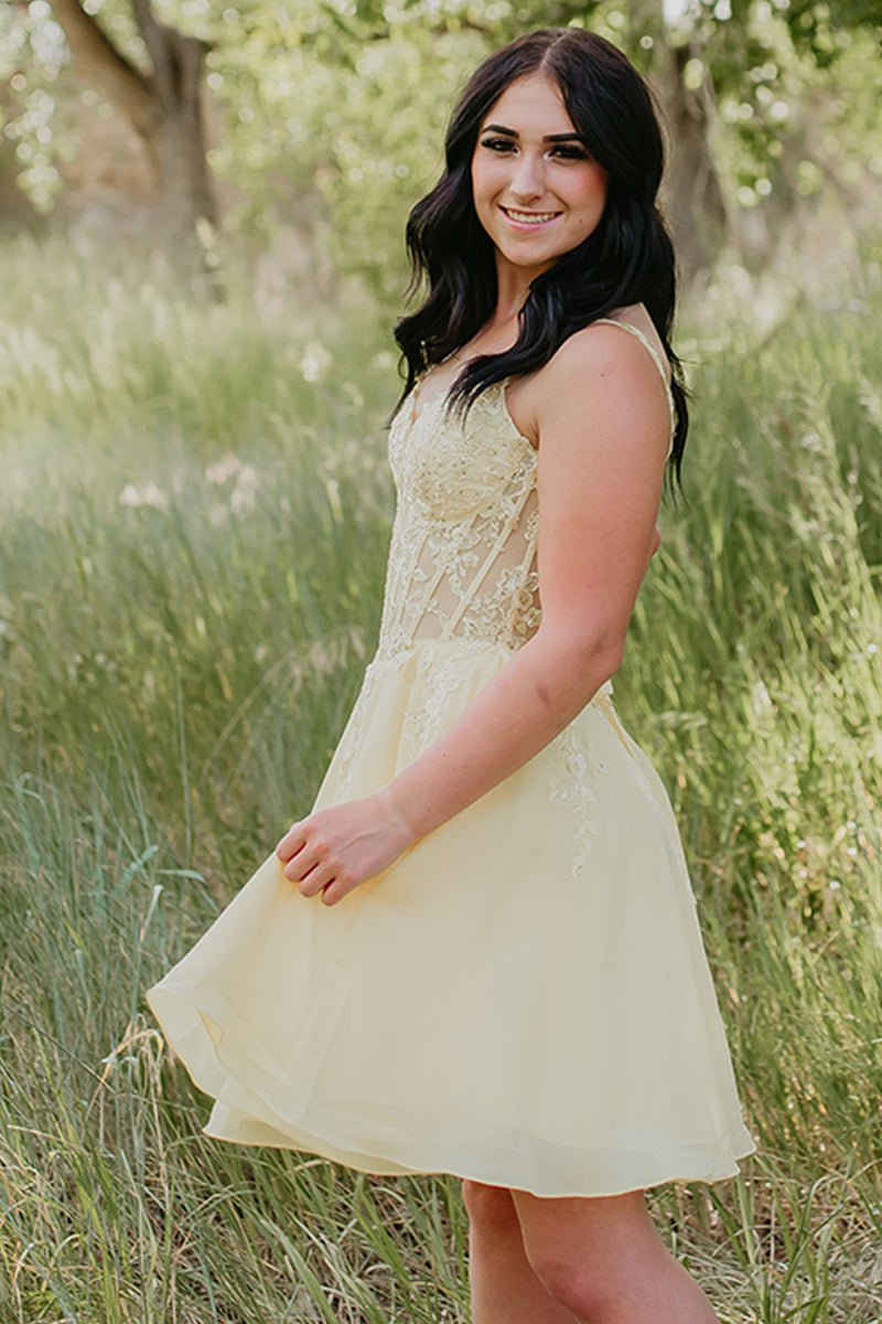 Load image into Gallery viewer, Yellow Corset V-Neck Short Homecoming Dress with Pockets
