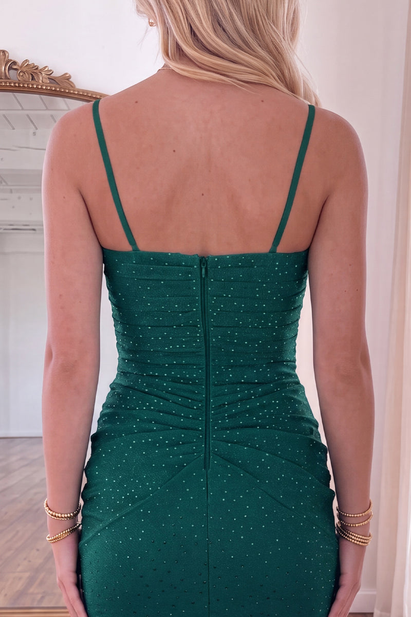 Load image into Gallery viewer, Green Sparkly Ruched Spaghetti Straps Short Homecoming Dress with Beading