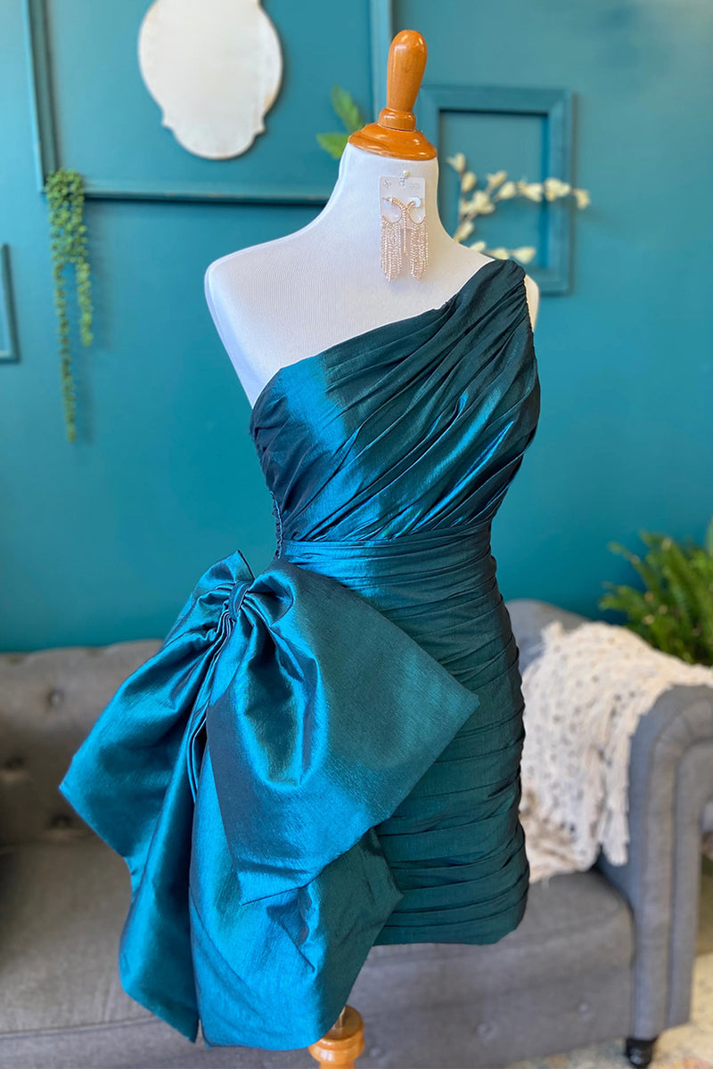 Load image into Gallery viewer, Peacock Blue Bodycon One Shoulder Ruched Short Homecoming Dress with Bow
