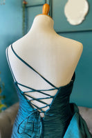 Load image into Gallery viewer, Peacock Blue Bodycon One Shoulder Ruched Short Homecoming Dress with Bow