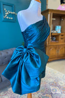 Load image into Gallery viewer, Peacock Blue Bodycon One Shoulder Ruched Short Homecoming Dress with Bow