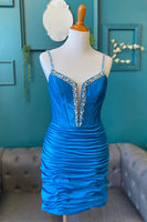 Load image into Gallery viewer, Royal Blue Corset Spaghetti Straps Ruched Short Homecoming Dress with Beading