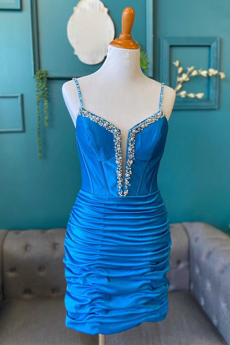 Load image into Gallery viewer, Royal Blue Corset Spaghetti Straps Ruched Short Homecoming Dress with Beading