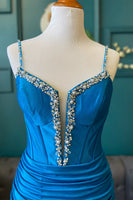 Load image into Gallery viewer, Royal Blue Corset Spaghetti Straps Ruched Short Homecoming Dress with Beading