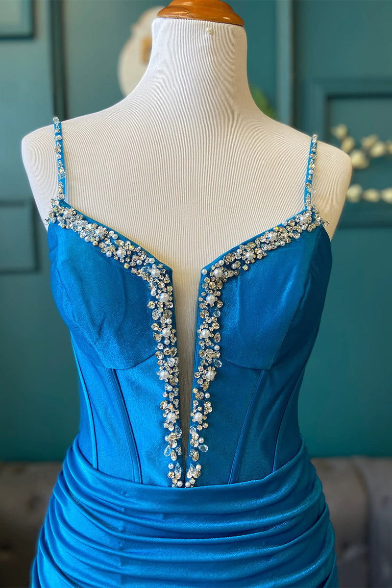 Load image into Gallery viewer, Royal Blue Corset Spaghetti Straps Ruched Short Homecoming Dress with Beading