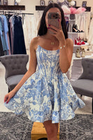 Load image into Gallery viewer, Blue Corset Floral Strapless Short Homecoming Dress