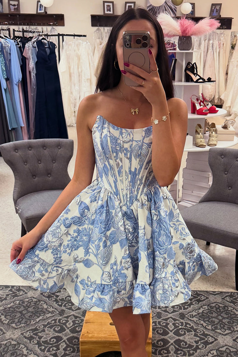 Load image into Gallery viewer, Blue Corset Floral Strapless Short Homecoming Dress