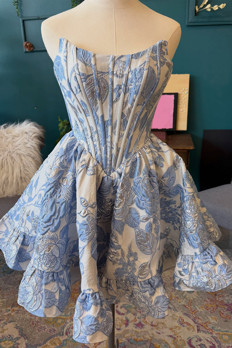 Load image into Gallery viewer, Blue Corset Floral Strapless Short Homecoming Dress