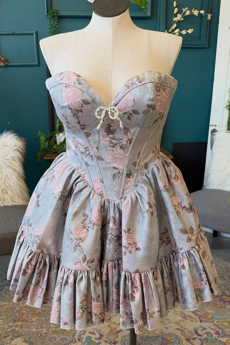 Load image into Gallery viewer, Grey Corset Sweetheart Floral Short Homecoming Dress with Bow