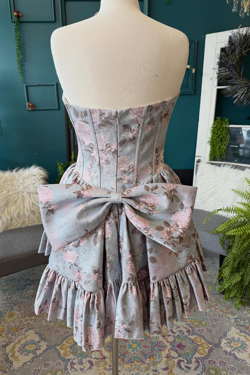 Load image into Gallery viewer, Grey Corset Sweetheart Floral Short Homecoming Dress with Bow