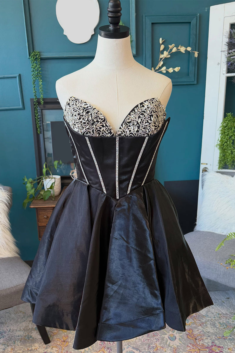 Load image into Gallery viewer, Black Corset Sweetheart Short Homecoming Dress with Rhinestones