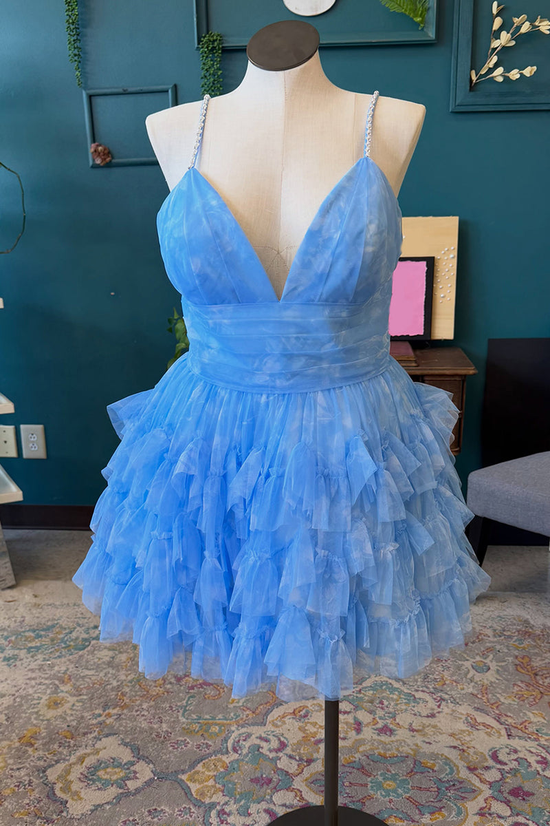 Load image into Gallery viewer, Blue A-Line V-Neck Ruffled Short Homecoming Dress