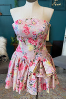 Load image into Gallery viewer, Pink Strapless A-Line Floral Short Homecoming Dress with Bow