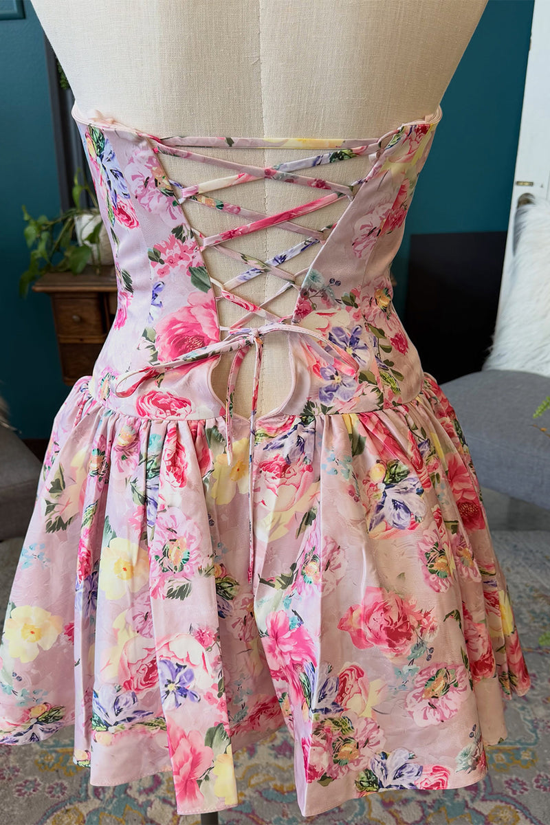 Load image into Gallery viewer, Pink Strapless A-Line Floral Short Homecoming Dress with Bow