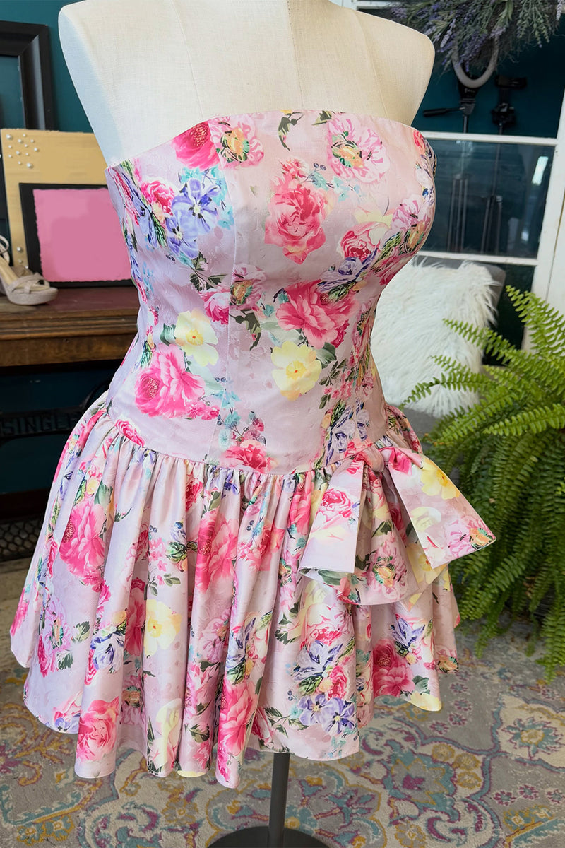 Load image into Gallery viewer, Pink Strapless A-Line Floral Short Homecoming Dress with Bow