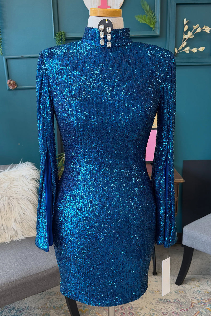 Load image into Gallery viewer, Blue Bodycon High Neck Long Sleeves Short Homecoming Dress