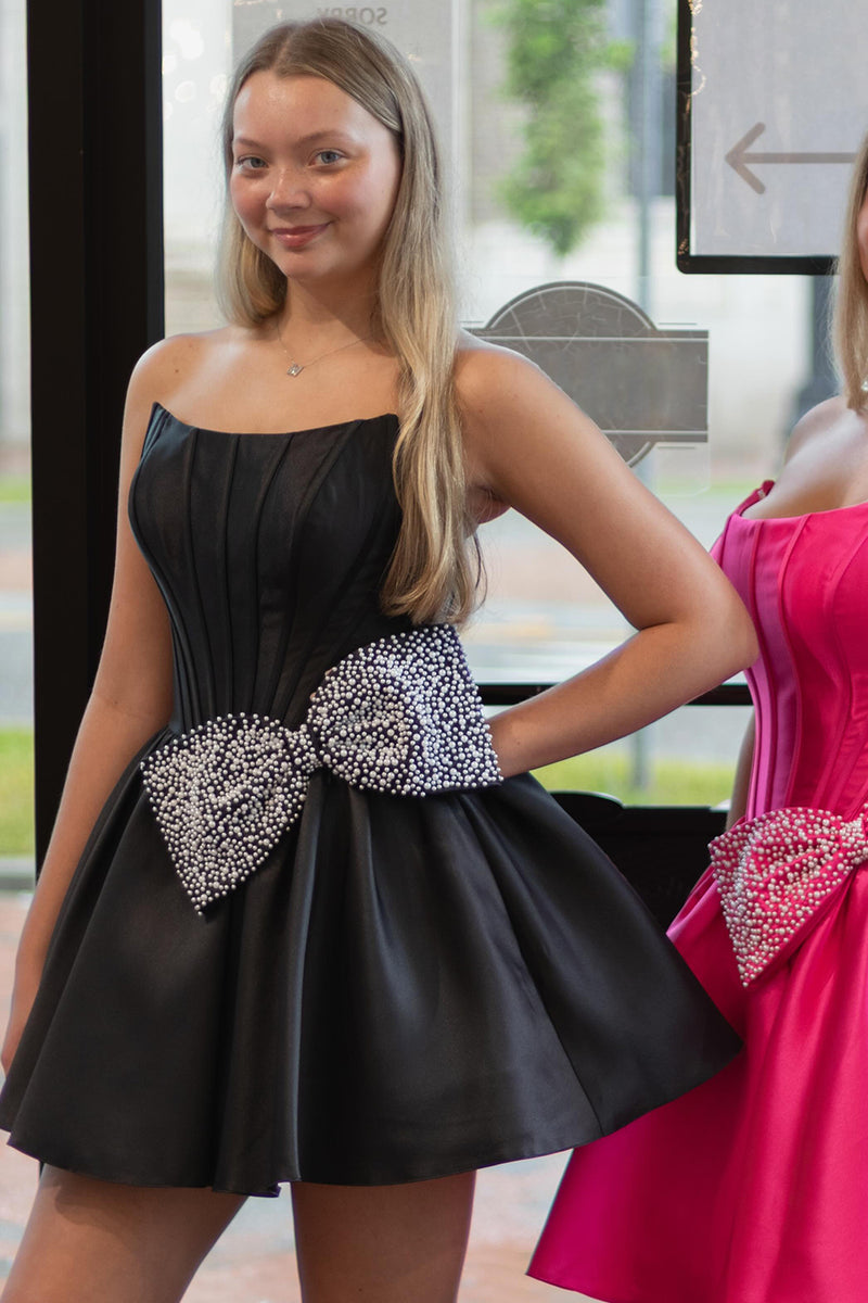 Load image into Gallery viewer, Black Corset Strapless Short Homecoming Dress with Bow