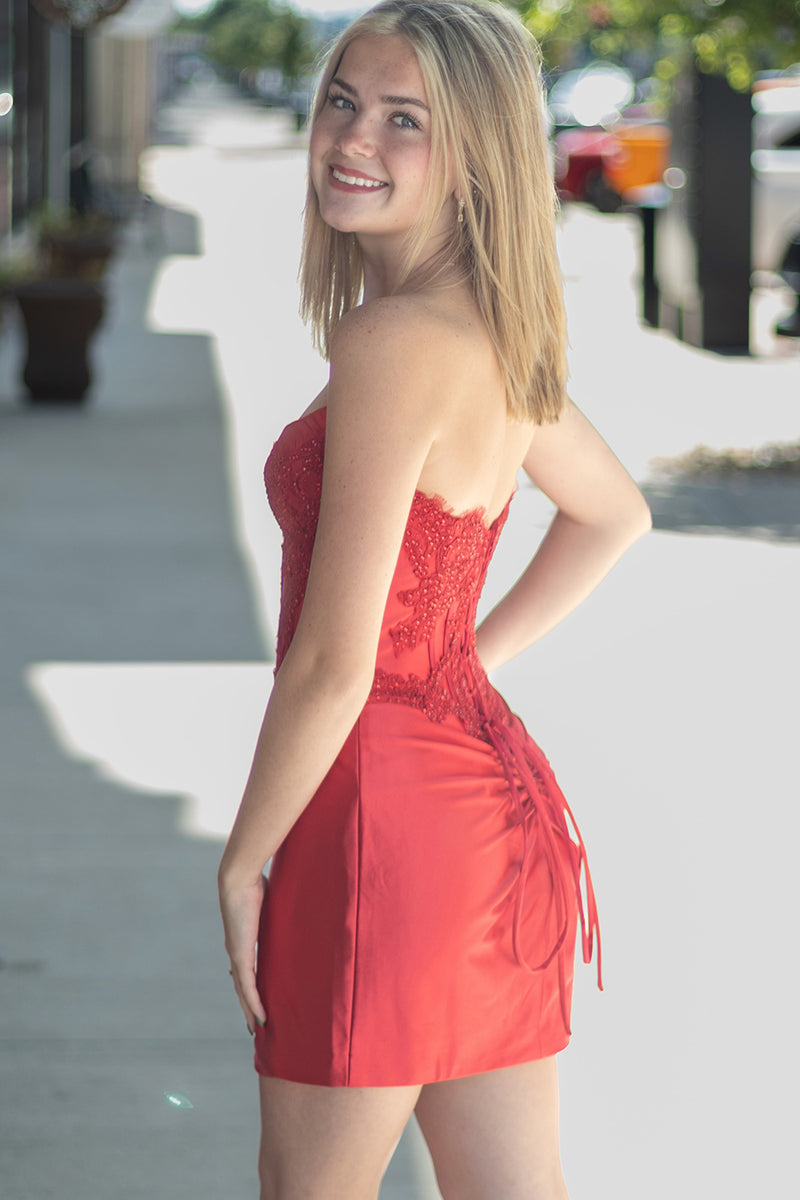 Load image into Gallery viewer, Red Corset Strapless Bodycon Short Homecoming Dress with Beading