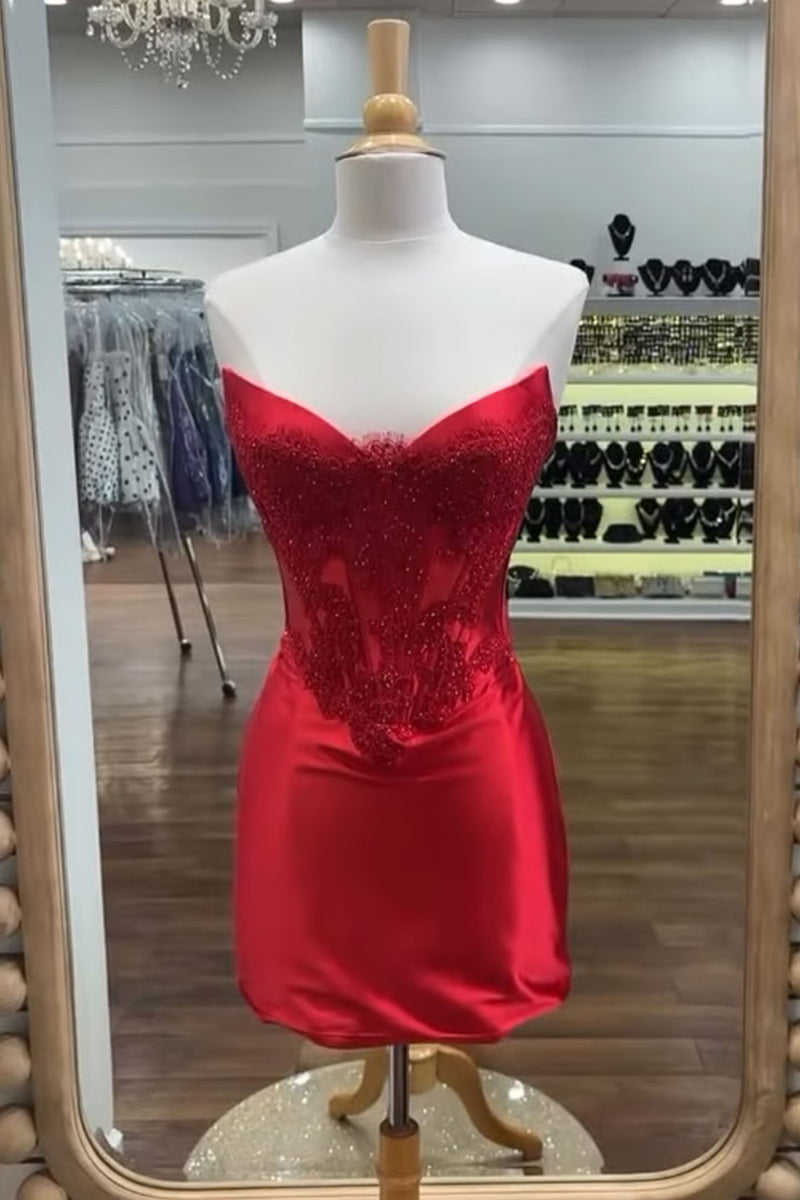 Load image into Gallery viewer, Red Corset Strapless Bodycon Short Homecoming Dress with Beading