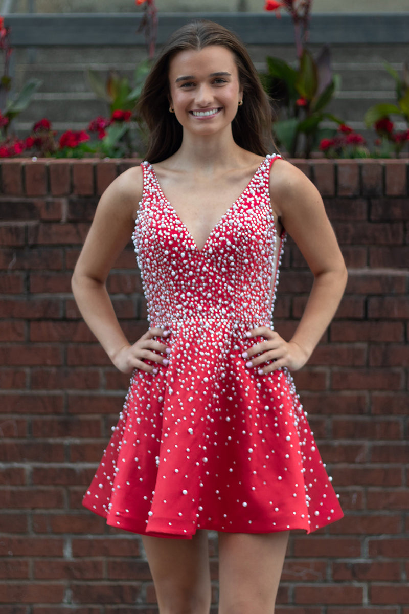 Load image into Gallery viewer, Red A-Line V-Neck Short Pearls Homecoming Dress