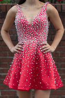 Load image into Gallery viewer, Red A-Line V-Neck Short Pearls Homecoming Dress