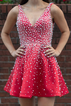 Red A-Line V-Neck Short Pearls Homecoming Dress