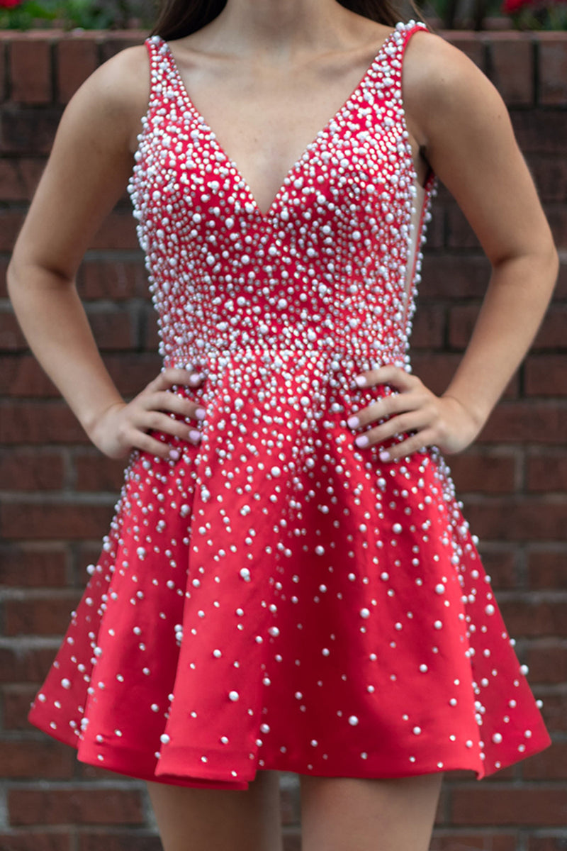 Load image into Gallery viewer, Red A-Line V-Neck Short Pearls Homecoming Dress