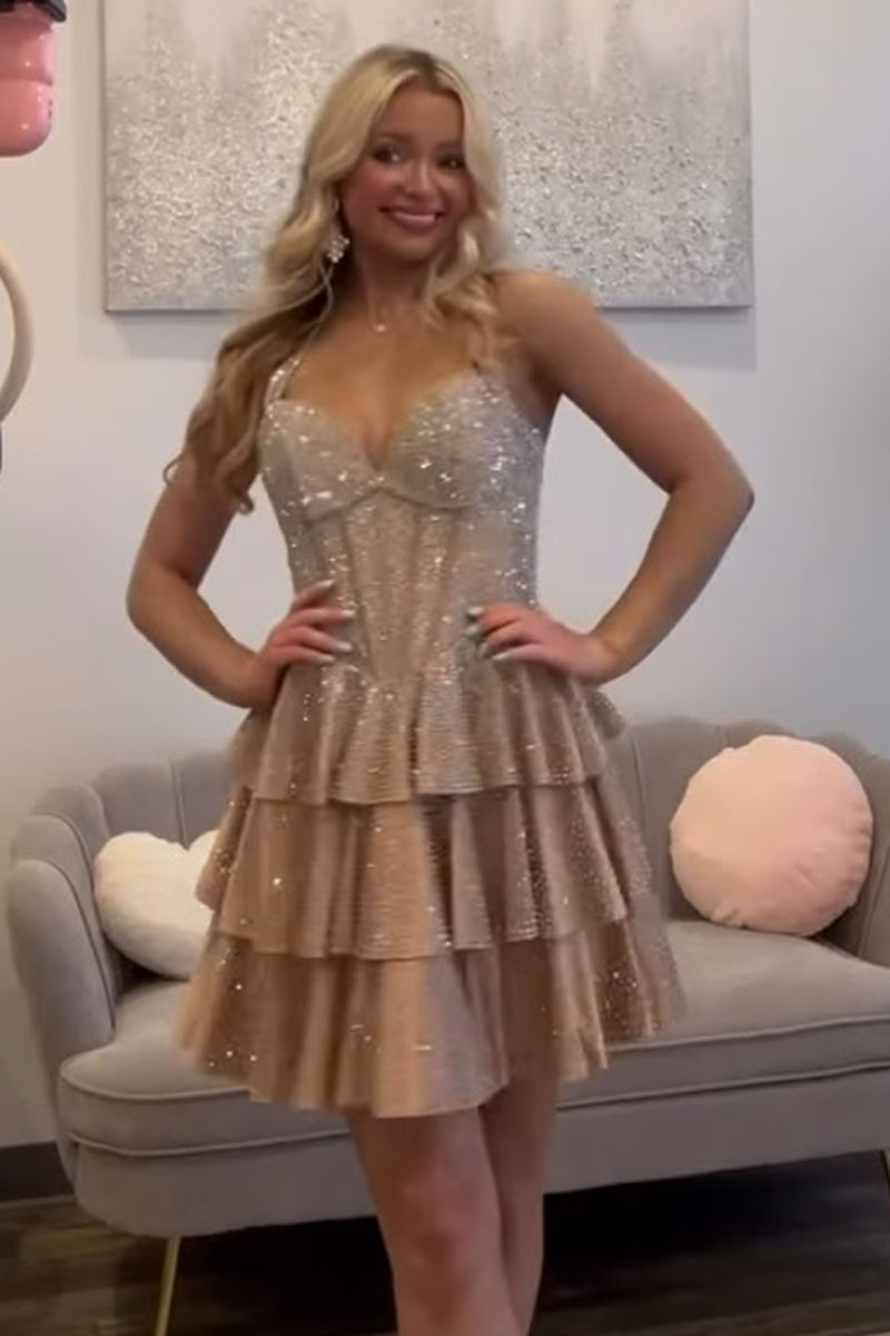 Load image into Gallery viewer, Mint Corset Halter Tiered Short Homecoming Dress with Beading