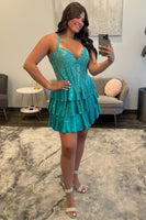 Load image into Gallery viewer, Mint Corset Halter Tiered Short Homecoming Dress with Beading