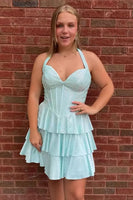 Load image into Gallery viewer, Mint Corset Halter Tiered Short Homecoming Dress with Beading