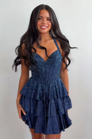 Load image into Gallery viewer, Mint Corset Halter Tiered Short Homecoming Dress with Beading