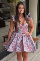 Load image into Gallery viewer, Lilac V Neck Flutter Sleeves Short Floral Homecoming Dress