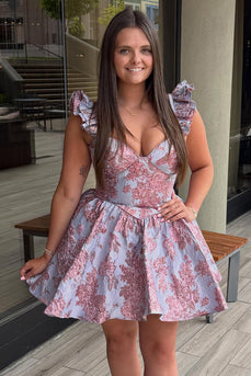Lilac V Neck Flutter Sleeves Short Floral Homecoming Dress