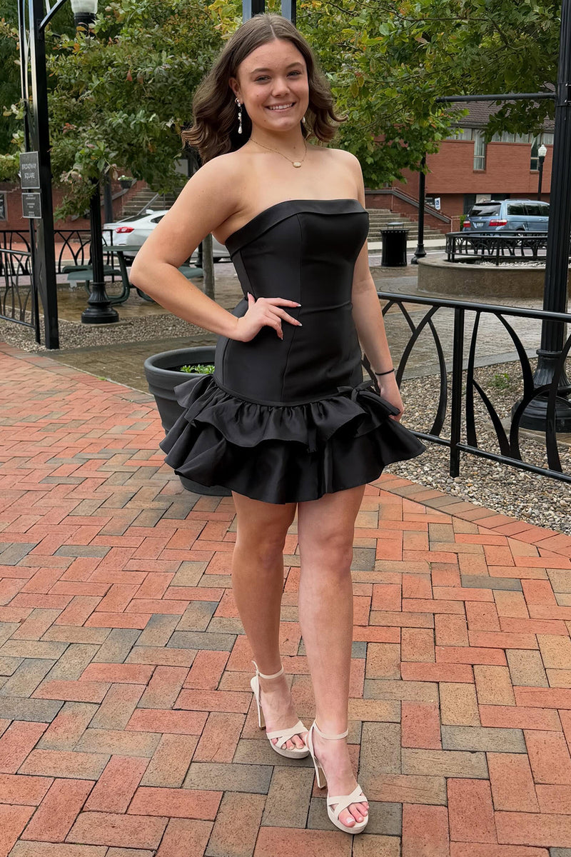 Load image into Gallery viewer, Black Strapless Bodycon Ruffled Short Homecoming Dress