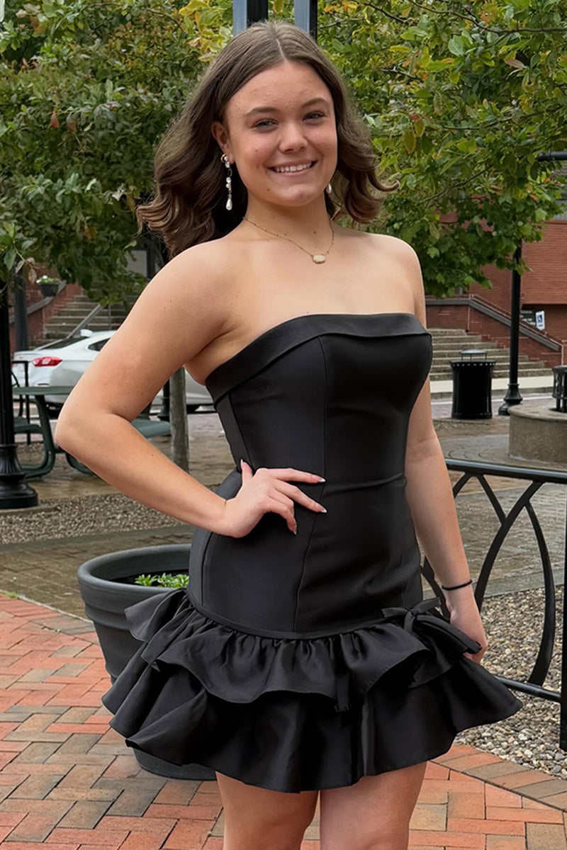 Load image into Gallery viewer, Black Strapless Bodycon Ruffled Short Homecoming Dress