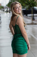 Load image into Gallery viewer, Emerald Green Corset Bodycon Spaghetti Straps Ruched Short Homecoming Dress