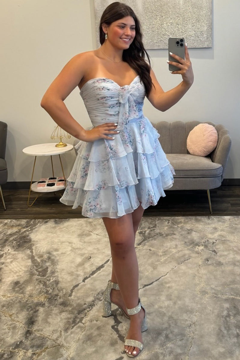 Load image into Gallery viewer, Yellow Tiered Strapless Short Floral Homecoming Dress with Bow