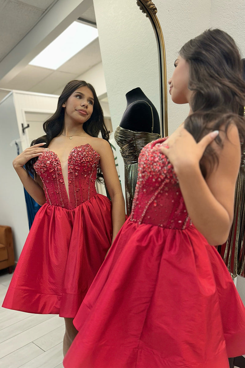Load image into Gallery viewer, Red Corset Sweetheart Short Homecoming Dress with Beading