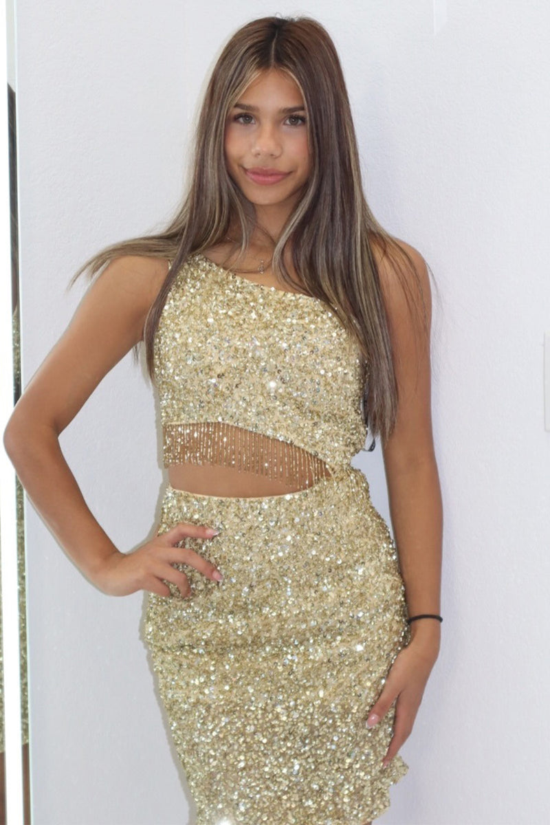 Load image into Gallery viewer, Gold One Shoulder Sequins Short Homecoming Dress with Fringes