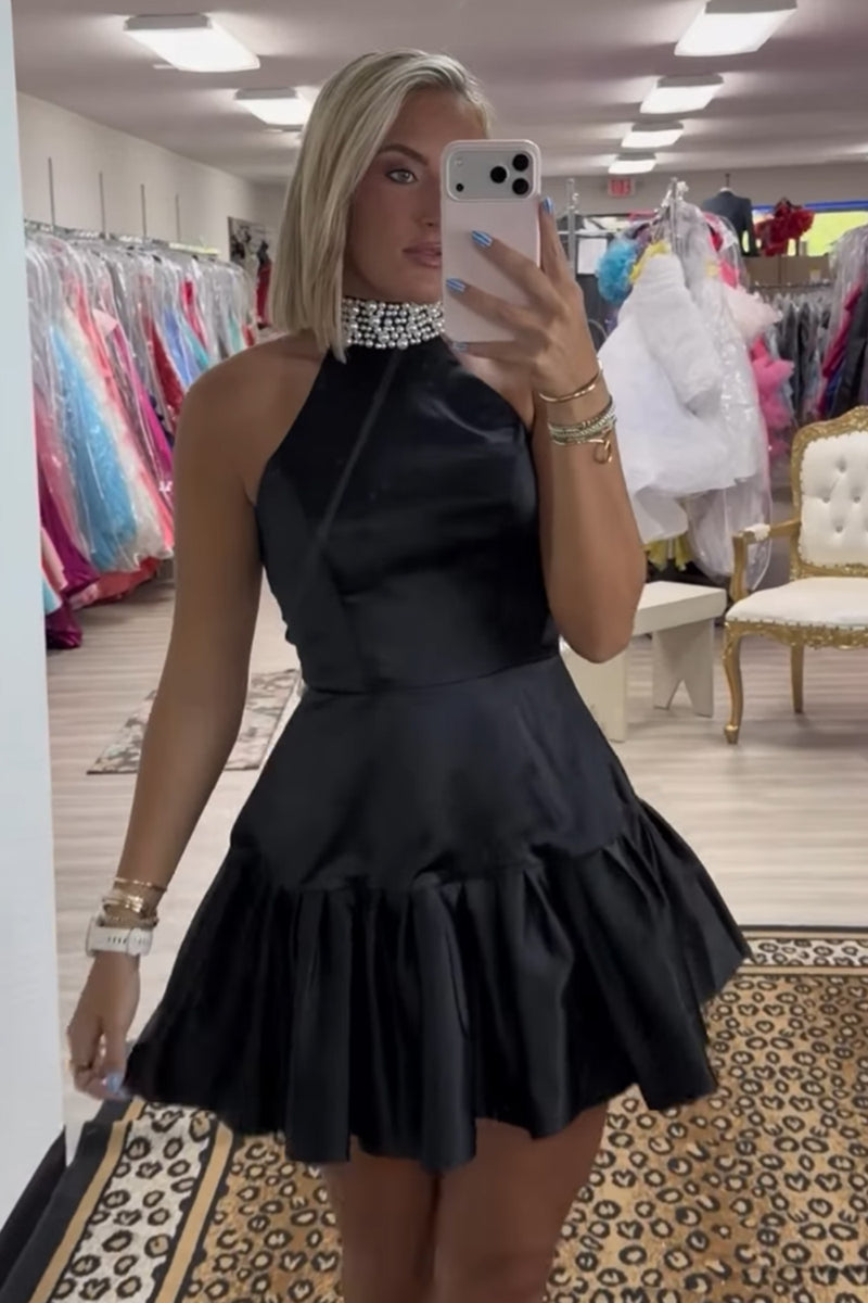 Load image into Gallery viewer, Black Halter Short Homecoming Dress with Pearls