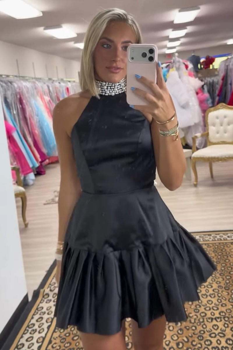 Load image into Gallery viewer, Black Halter Short Homecoming Dress with Pearls