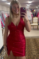 Load image into Gallery viewer, Red Sparkly Bodycon V-Neck Short Beaded Homecoming Dress with Slit