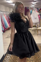 Load image into Gallery viewer, Black Ruched One Shoulder Short Homecoming Dress with 3D Flower