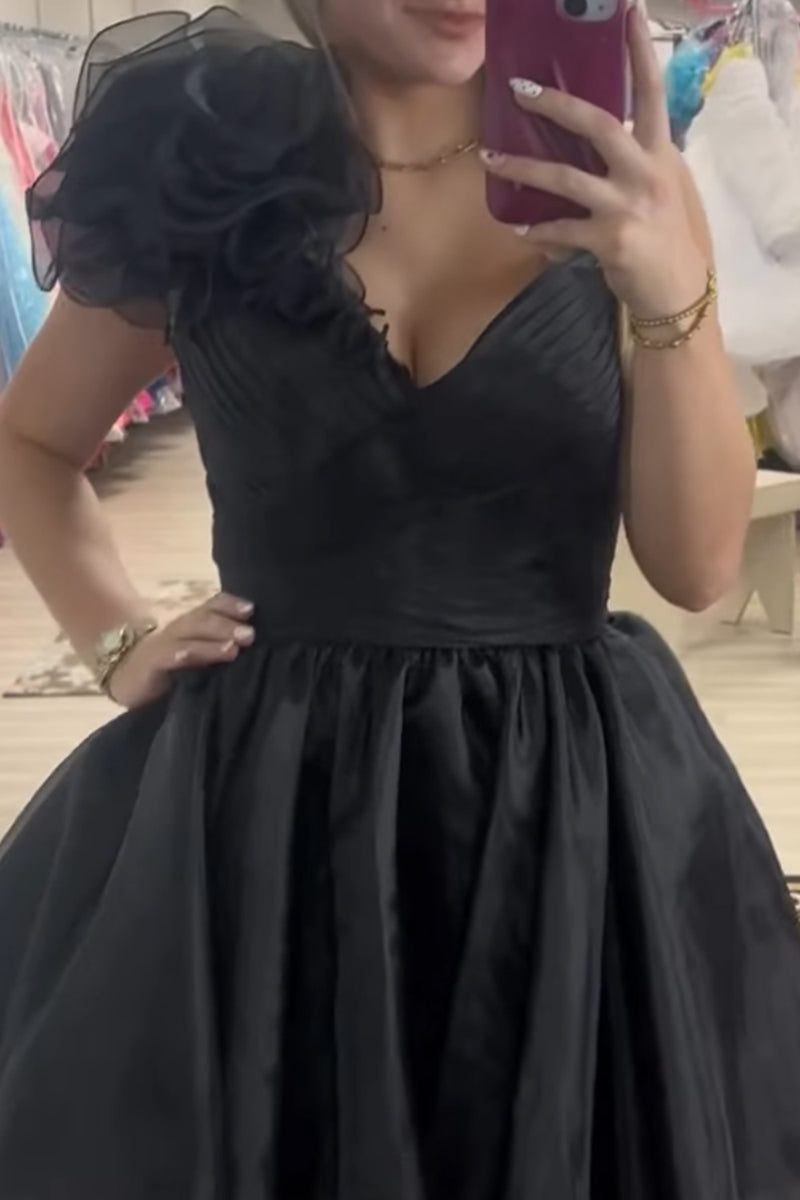 Load image into Gallery viewer, Black Ruched One Shoulder Short Homecoming Dress with 3D Flower