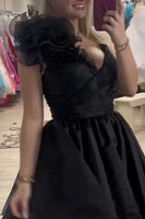 Load image into Gallery viewer, Black Ruched One Shoulder Short Homecoming Dress with 3D Flower