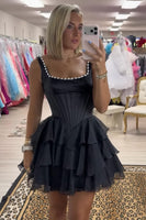 Load image into Gallery viewer, Black Corset Square Neck Tiered Short Homecoming Dress with Pearls
