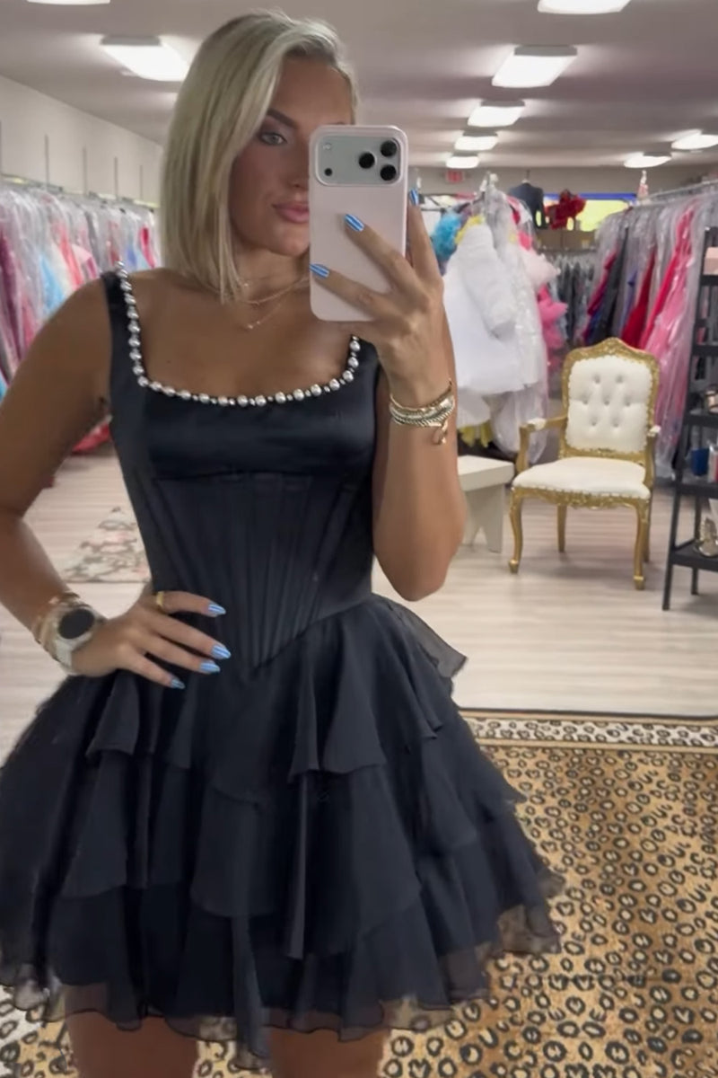 Load image into Gallery viewer, Black Corset Square Neck Tiered Short Homecoming Dress with Pearls