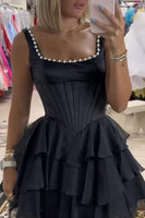 Load image into Gallery viewer, Black Corset Square Neck Tiered Short Homecoming Dress with Pearls