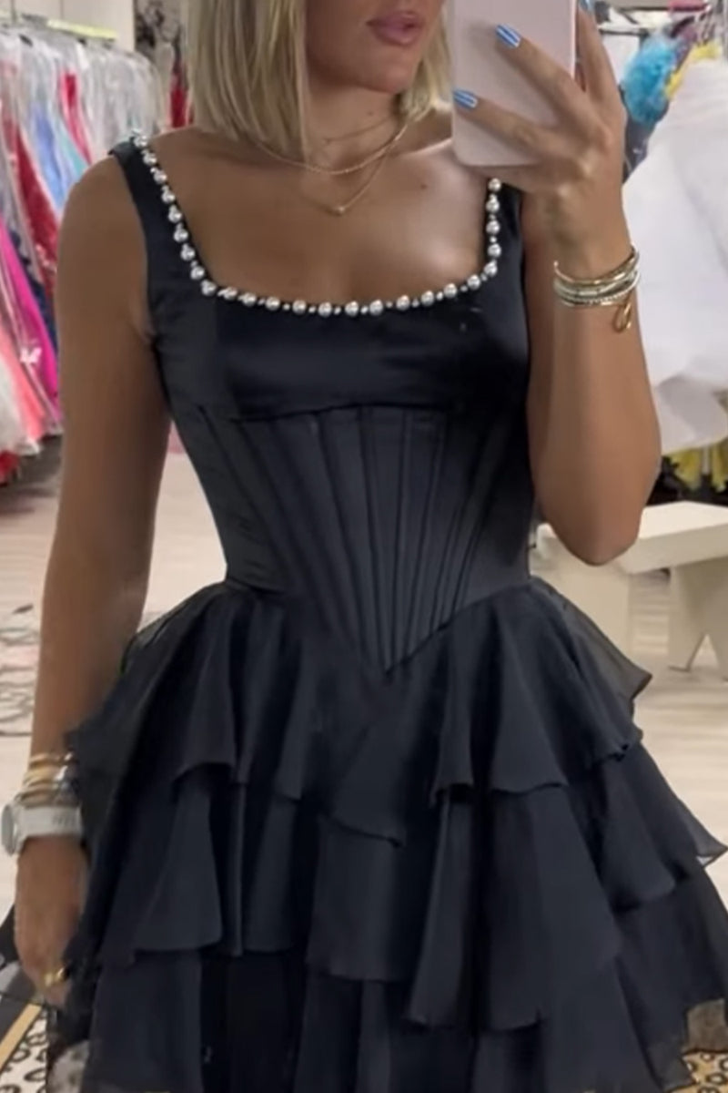Load image into Gallery viewer, Black Corset Square Neck Tiered Short Homecoming Dress with Pearls