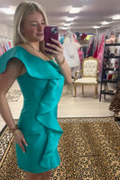 Load image into Gallery viewer, Peacock Green Tight One Shoulder Ruffled Short Homecoming Dress